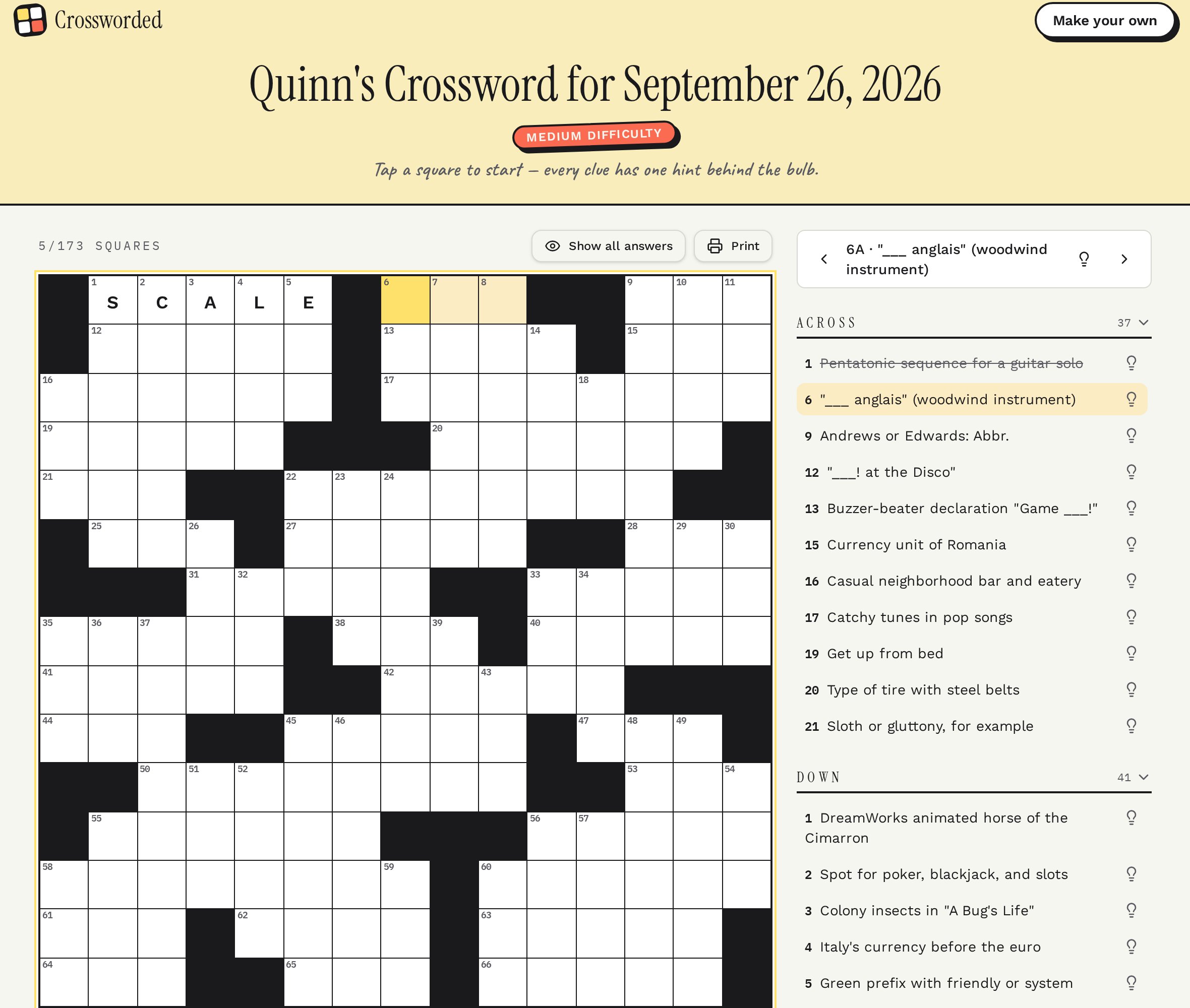 A personalized crossword being solved, with the current clue and hint bulbs