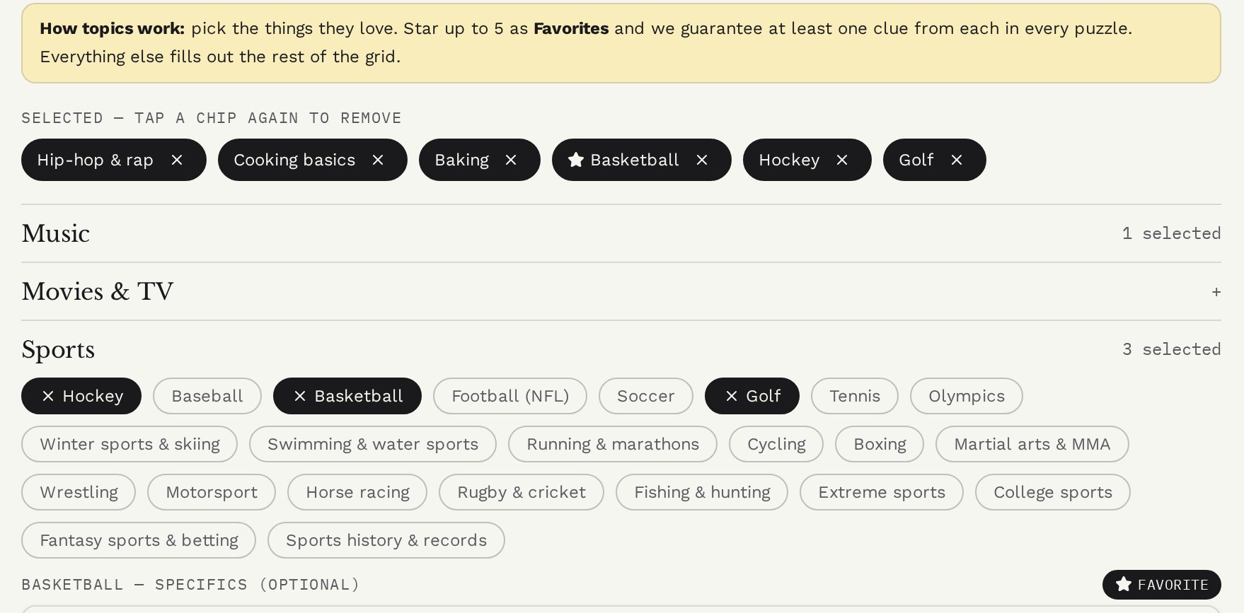 Topics picked from Music, Food & Drink and Sports, with Basketball starred