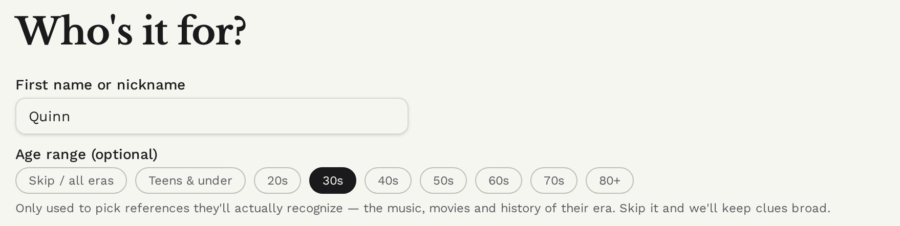 The Who's it for? step with a first name and age range picked